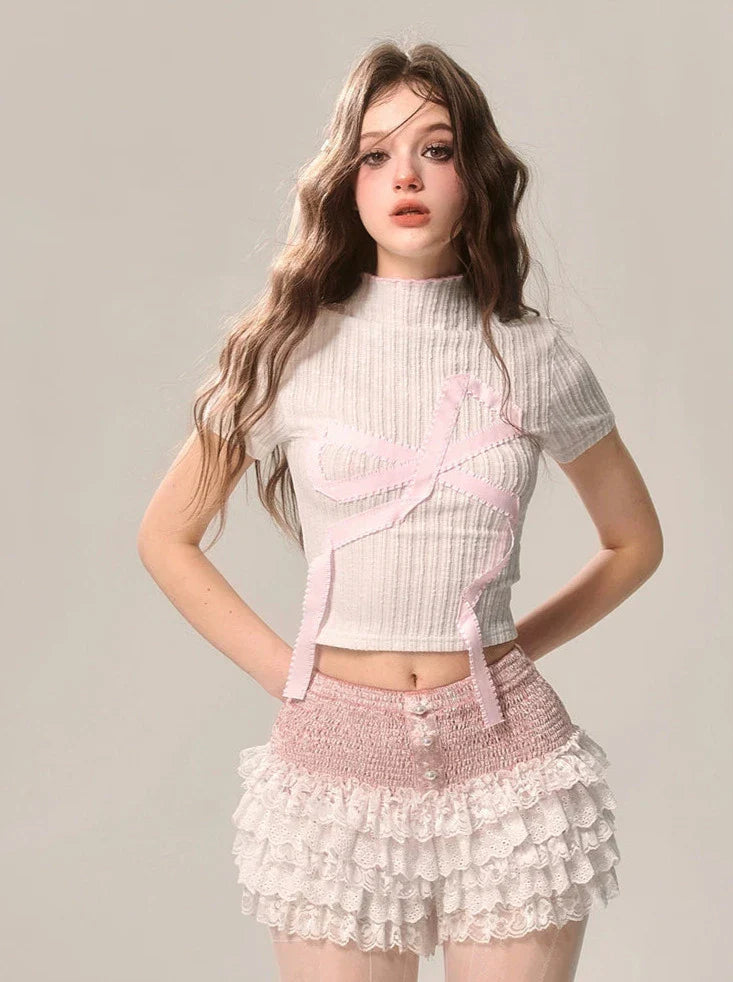 Neck Sweet Big Short American T-Shirt High Ribbon