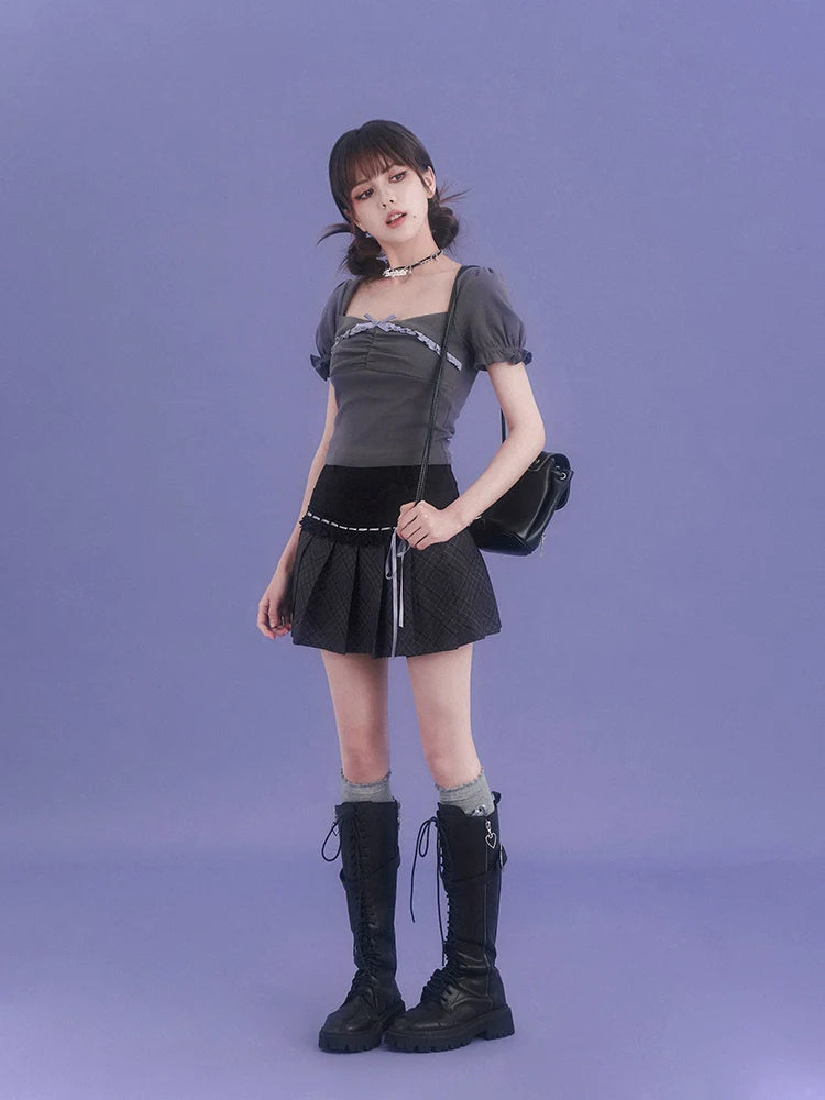 Grey Sleeve Square Neck Lace Puff Top