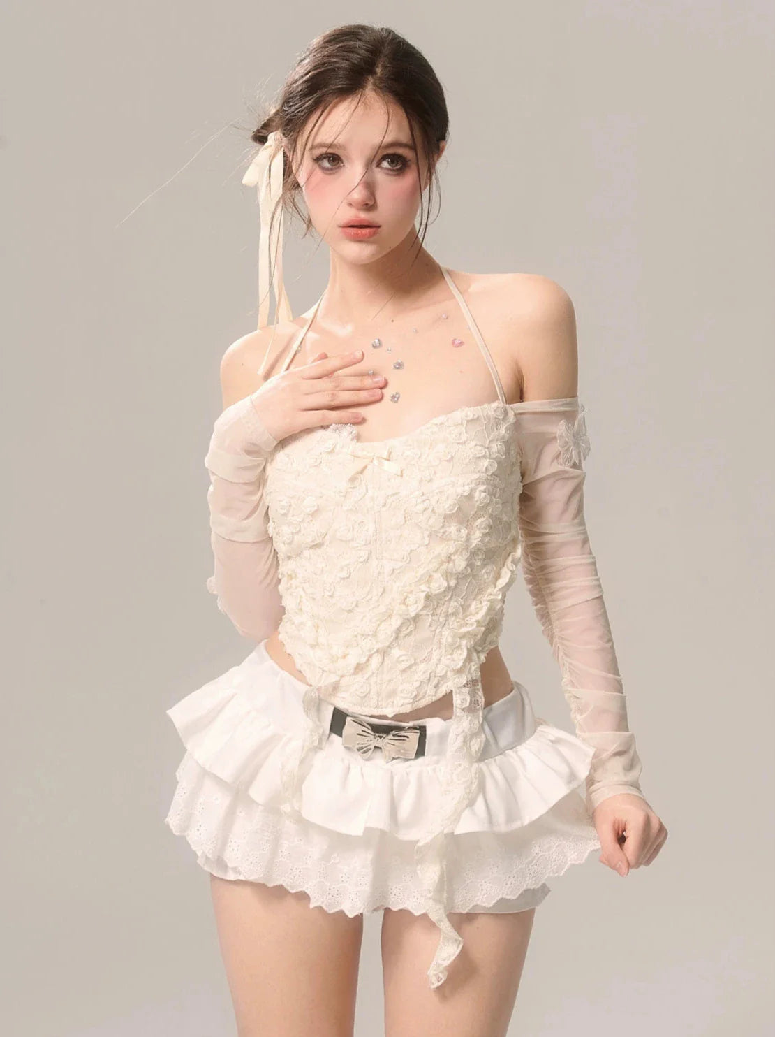 Shoulder Top Sheer Halter Apricot One Sleeve Neck
