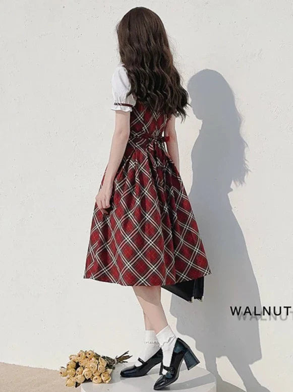 Ribbon Elegant Cake Puff Check Red Sleeve Vintage Raspberry Scottish + Dress Choker