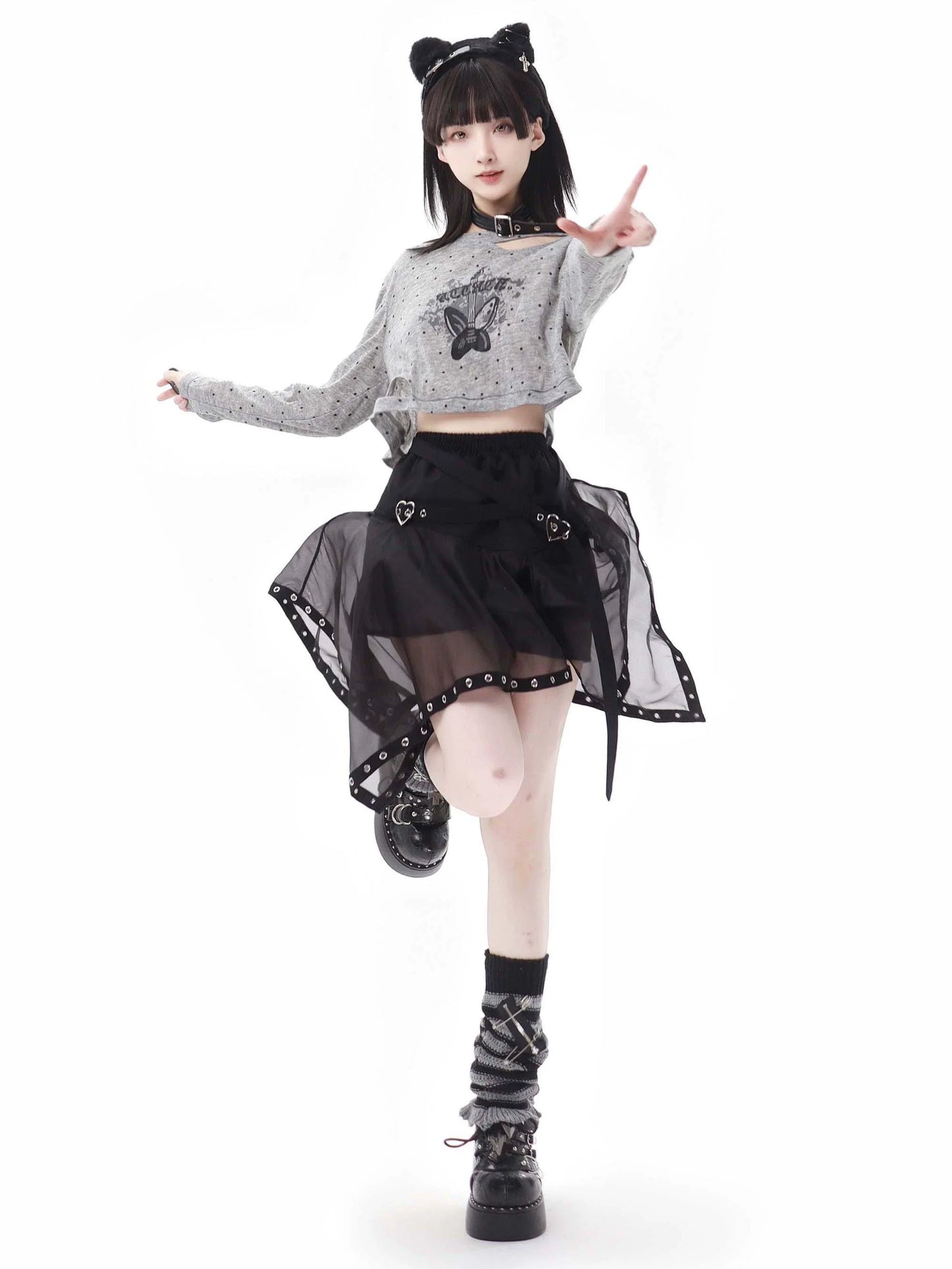 Drucken Sommer Kurzen Rock Unregelmäßigen Pullover Punk Hyde Tüll