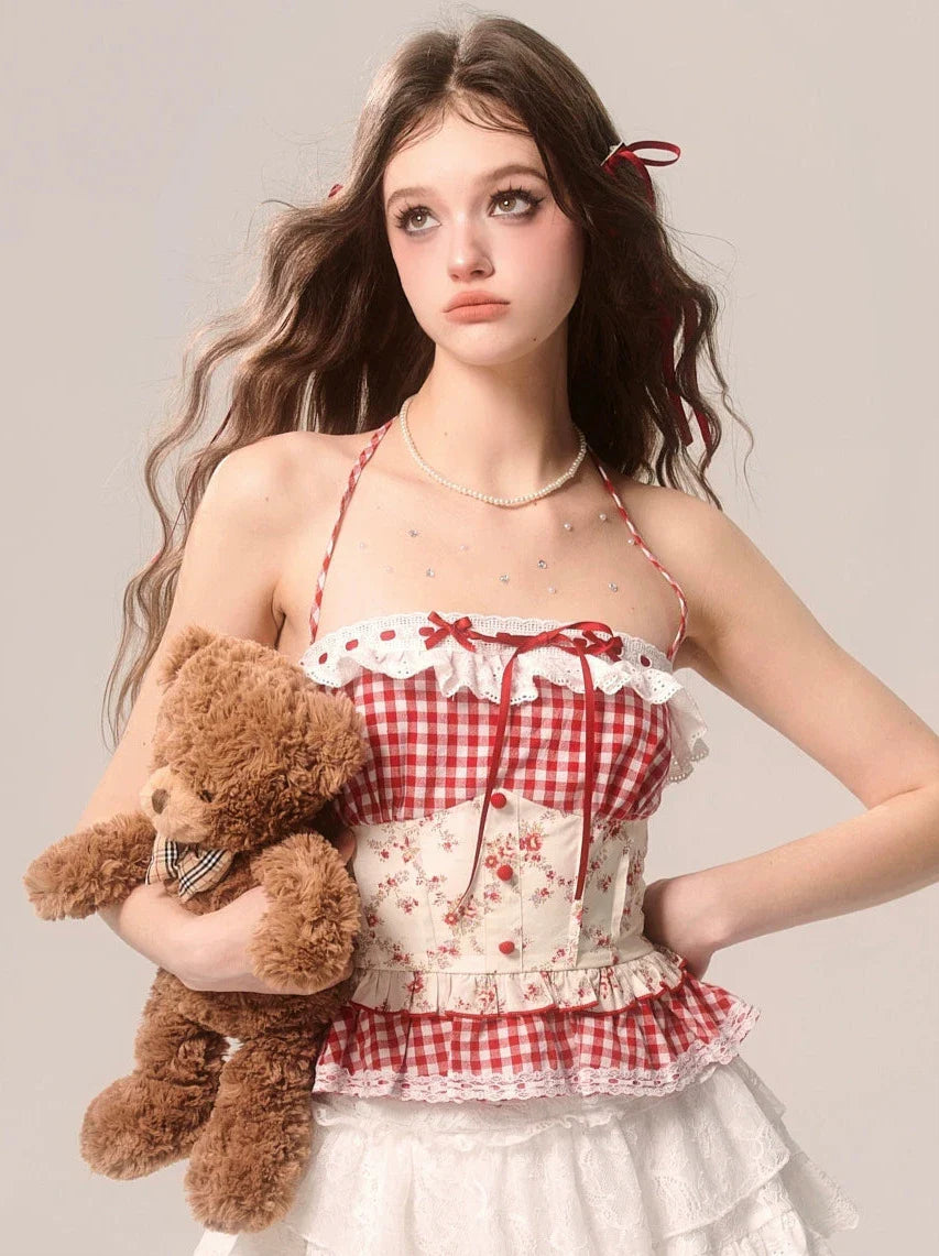 Strawberry Top Neck Cake Suspender Check Lace Halter