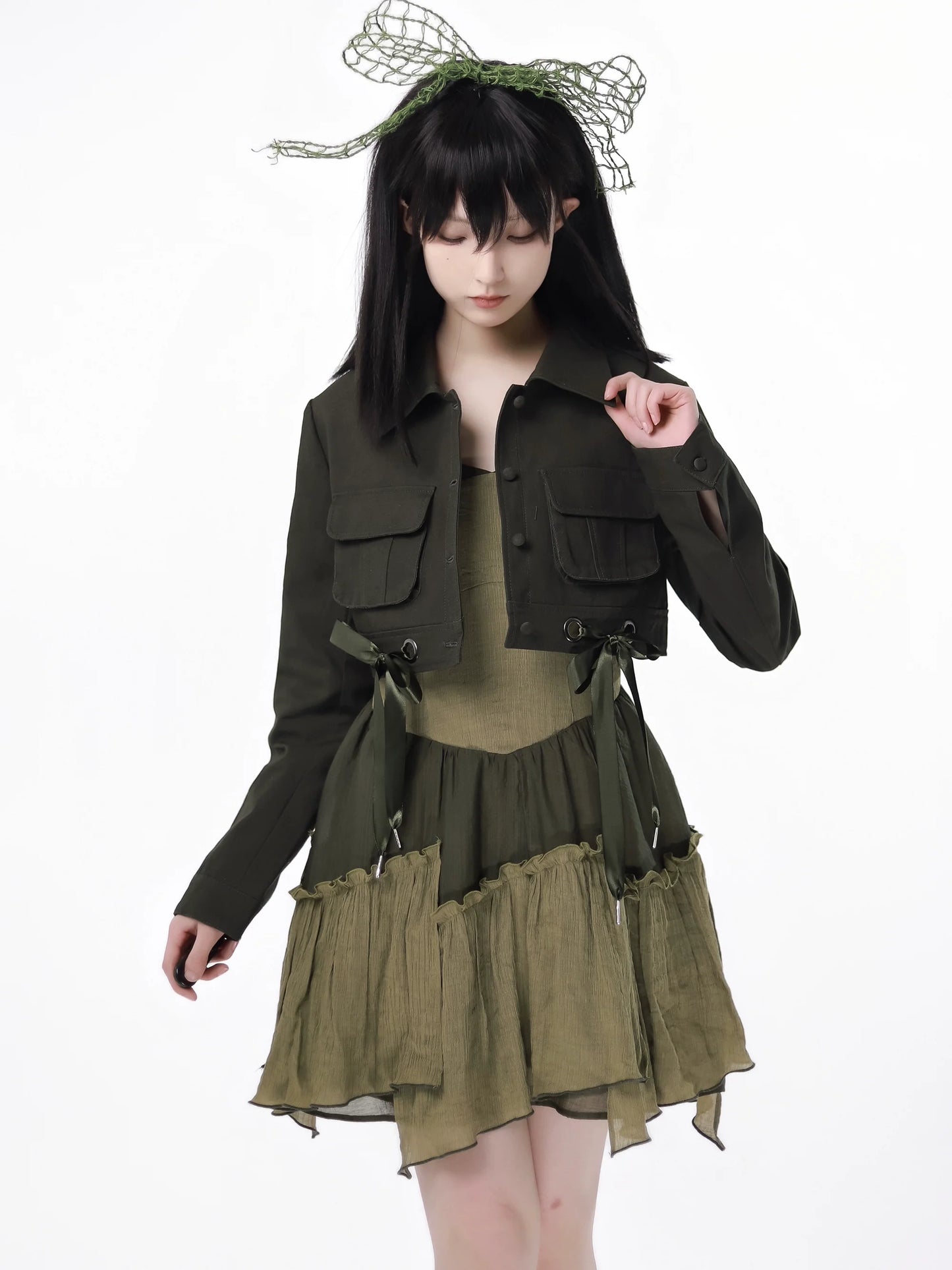 Veste courte américaine en denim vert rétro à licou