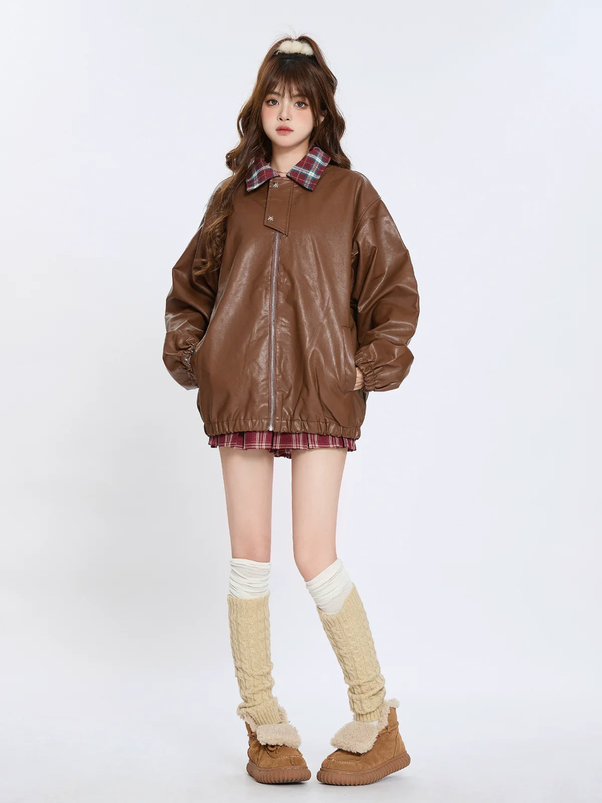 Veste rétro à col à carreaux en cuir ample américain