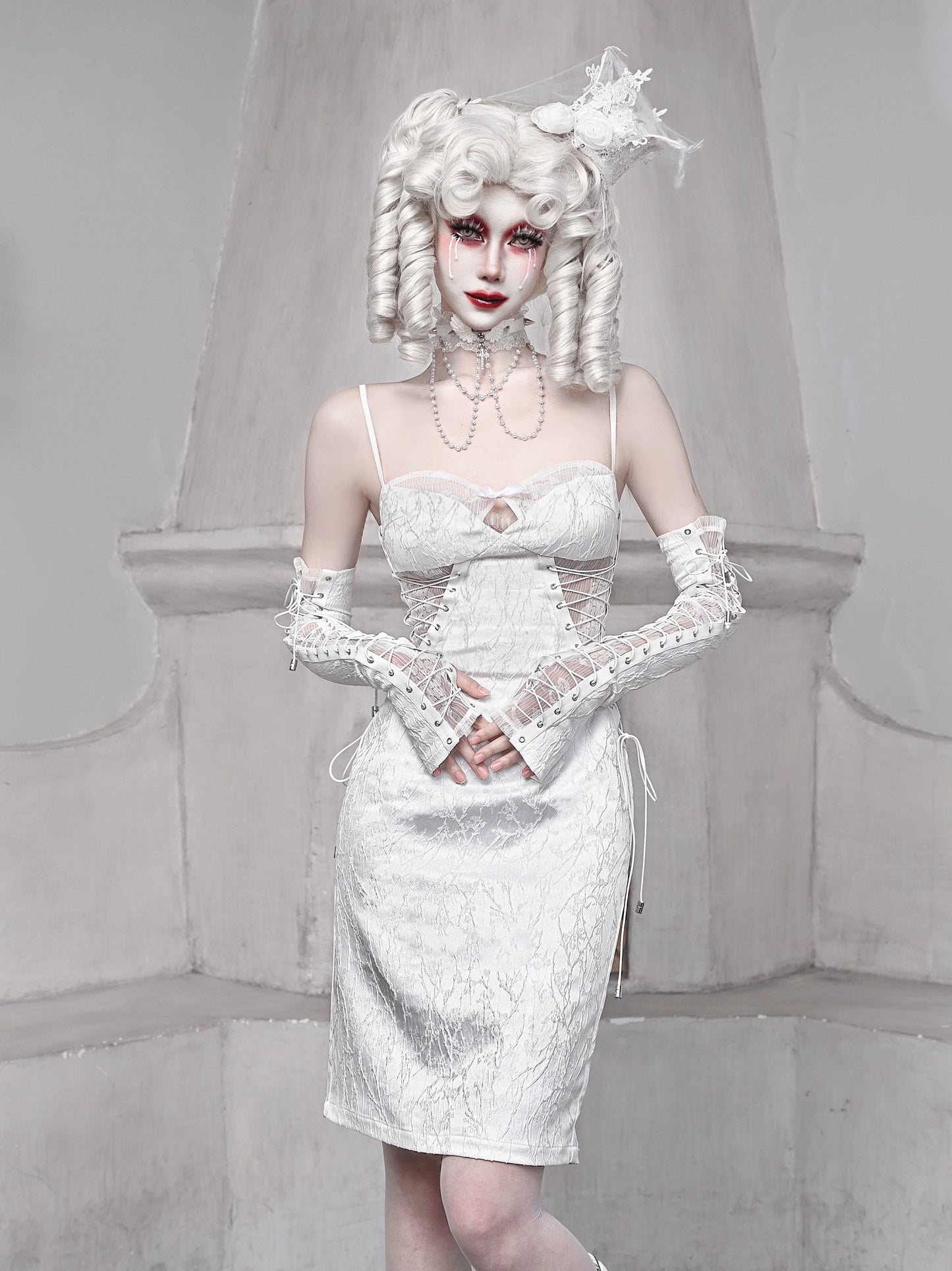 White Strap Sleeping Slim Jacquard Dark Alice Gothic Dress Suspender
