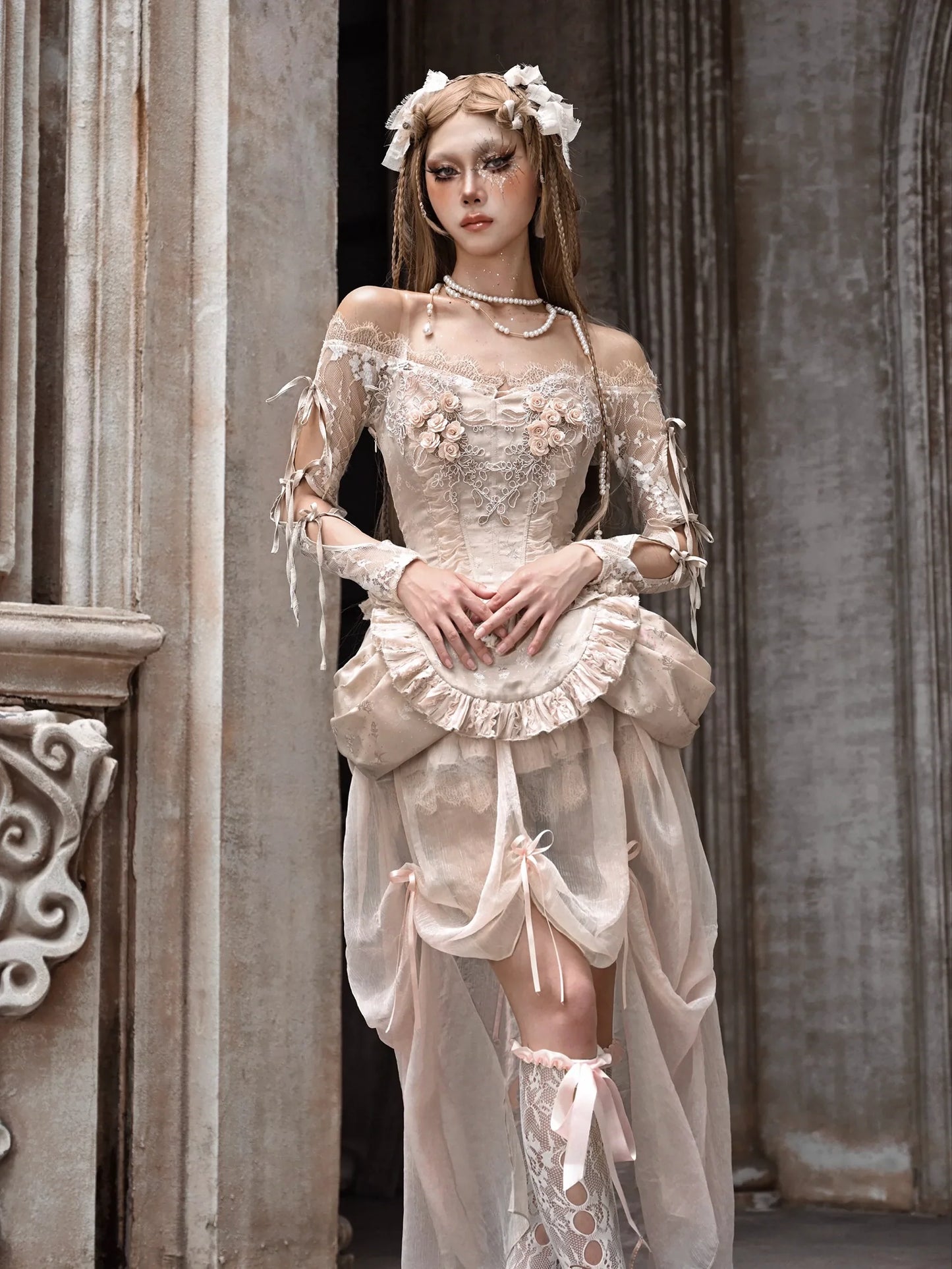 Court Strap Lace Ballet Cardigan Tops Häkelärmel innen schulterfrei