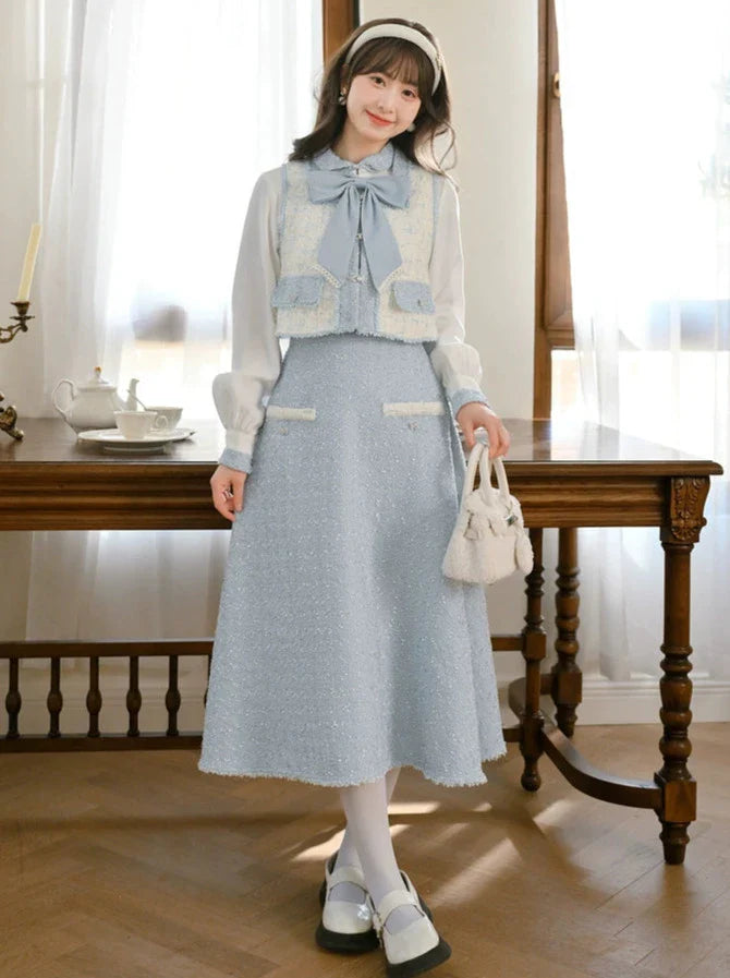 Jupe à ruban Gilet en tweed Parfum de tweed Chemise de costume bleue