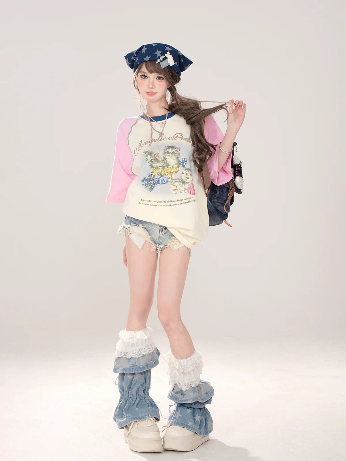 Loose Raglan T-Shirt Print Cat Cute