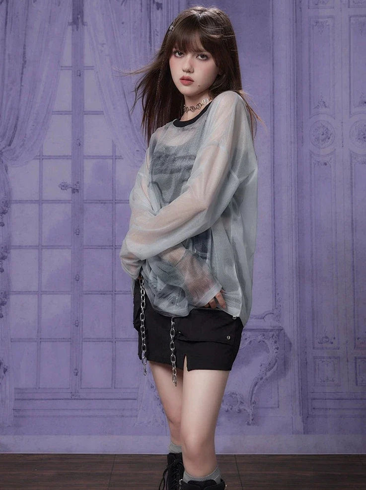 Sheer Print Gray Top Mode Mesh