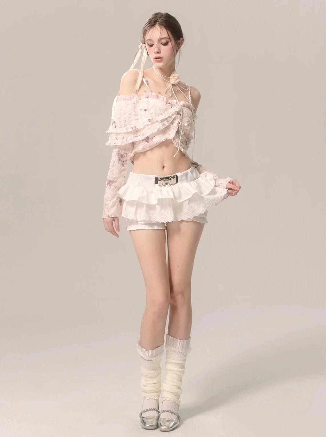 Fairy Ruffle Strap Chiffon Top Butterfly Off-the-shoulder Lace