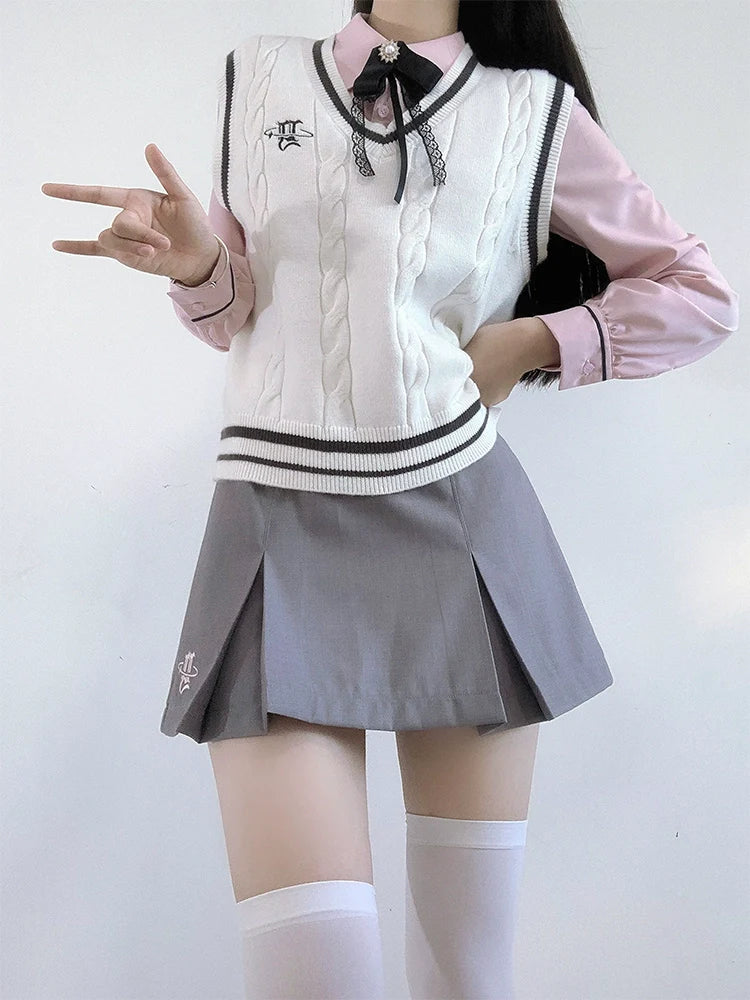 Veste Collège Gilet + Jupe Chemise Box + Slim Plissé Fille Doux Style Ruban