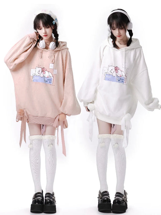 プラスベルベッドピンクホワイトボールリボンパーカー