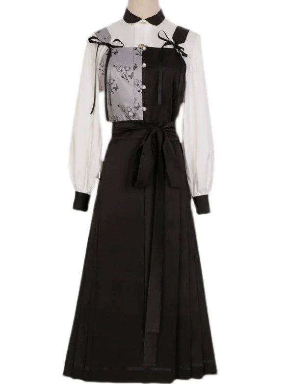 Hosenträger Weste China + Bluse Blume Bi-color Asymmetrisch Dunkel