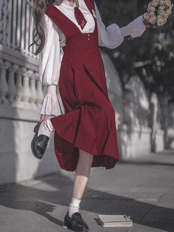 Shirt Retro Chiffon Badge + College Lace Tie + Elegant + Red Red Emblem Sundress