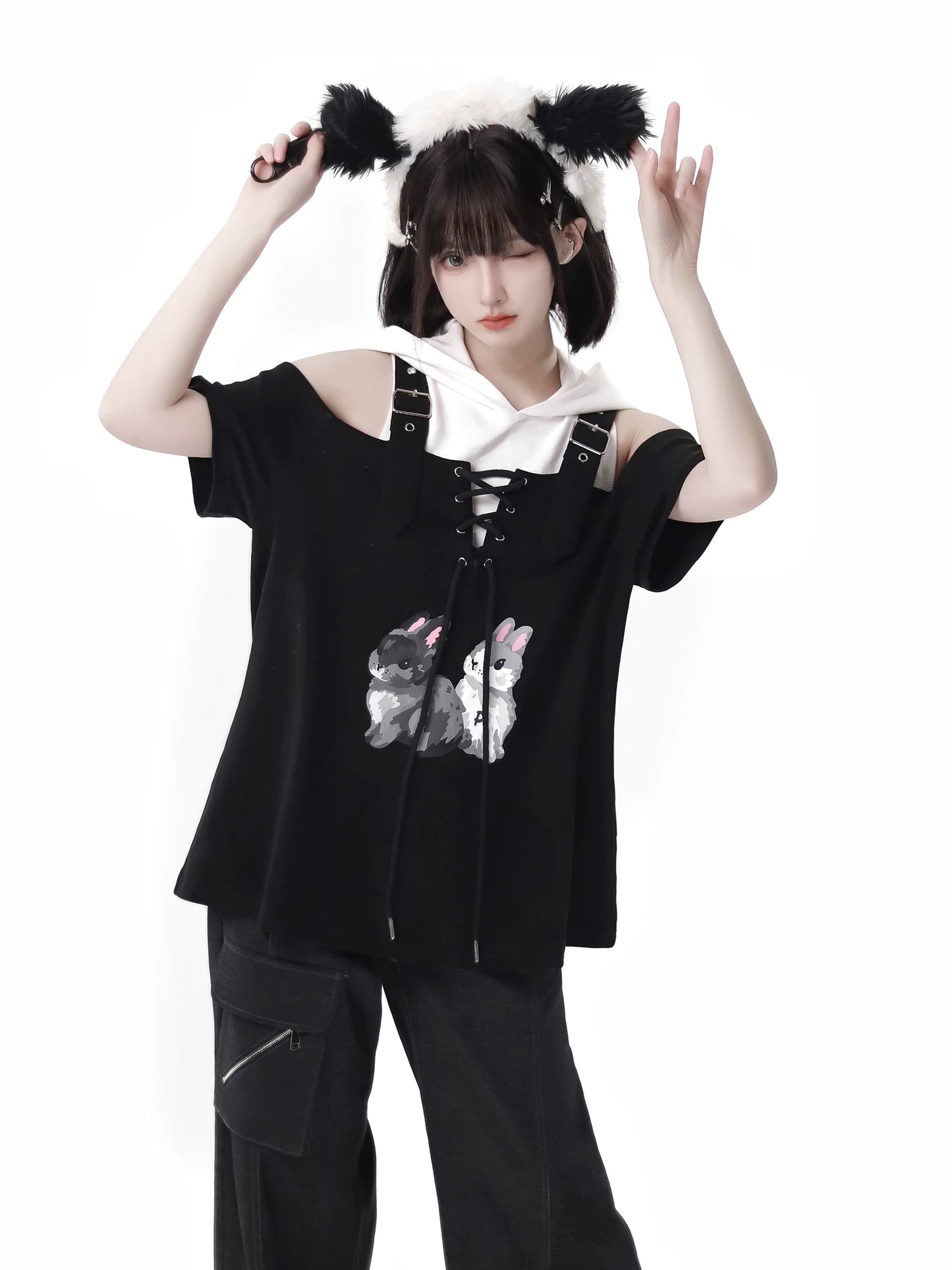 Sommer Design Träger Hosen Kaninchen Off-Shoulder Schwarz Weiß Hoodie Tops Anzug