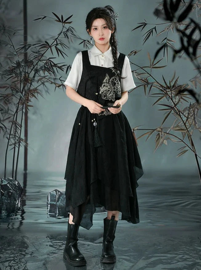 Chemise rétro asymétrique Chine + jupe gilet