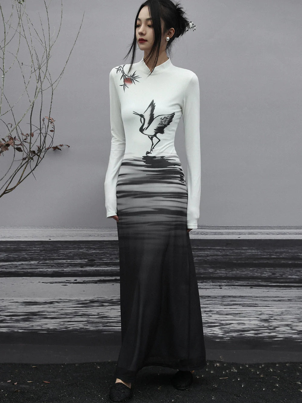 Long Dress Painting Knit Slim China Print Ink