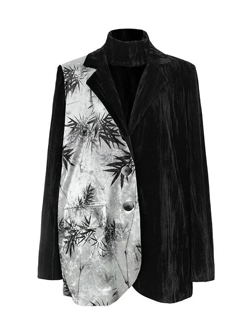 Veste imprimée chinoise en velours de bambou contrasté avec épissure de couleur