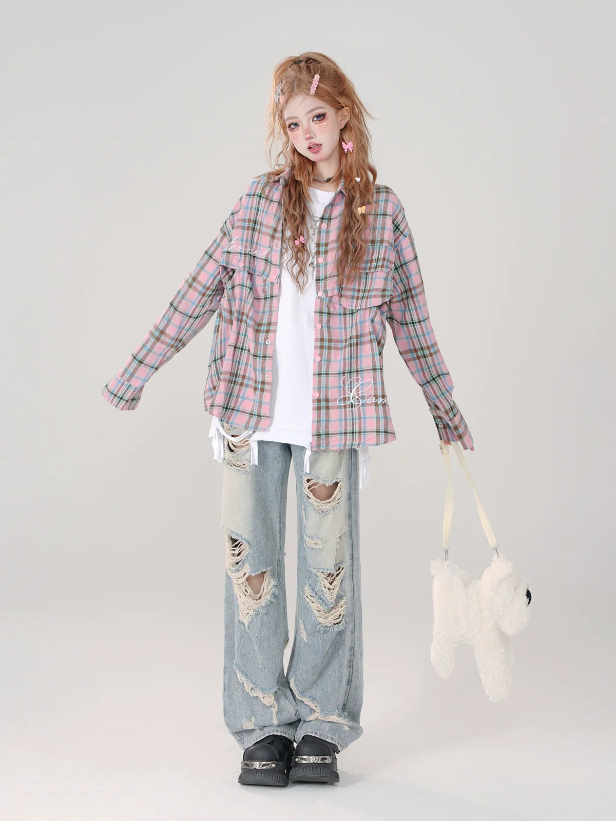 Poloshirt mit Karo-Kragen und langem, abnehmbarem, lockerem