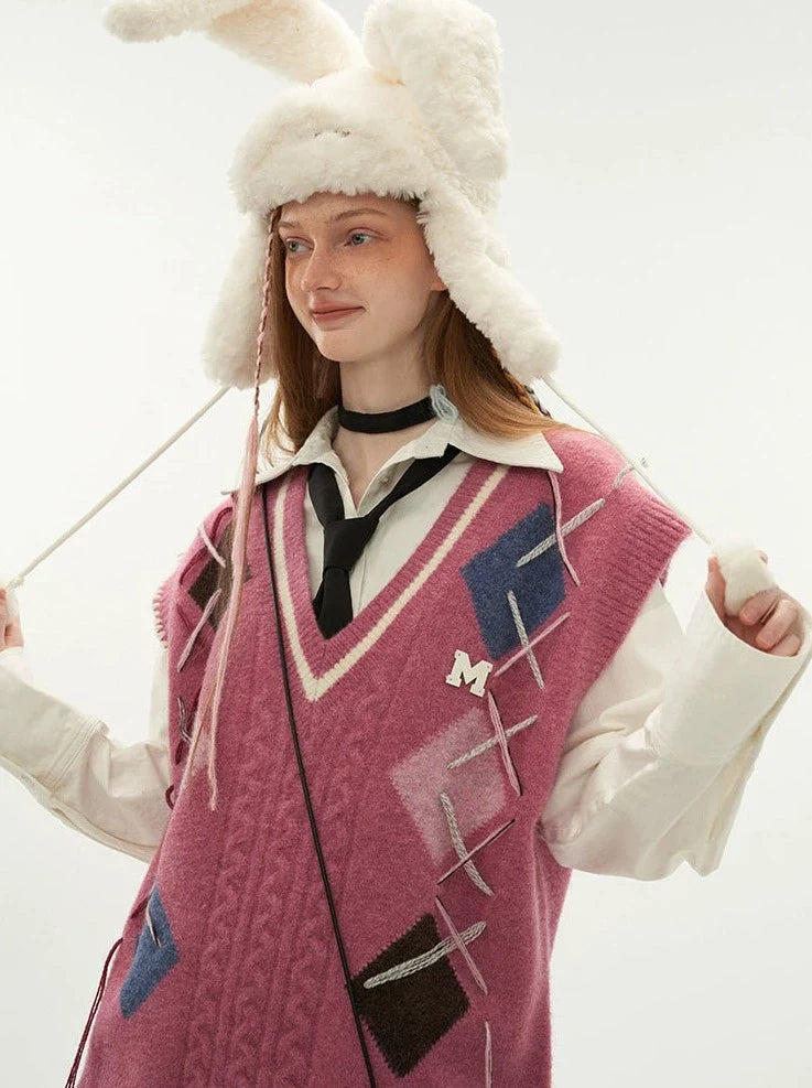 Gilet à lacets en maille argyle