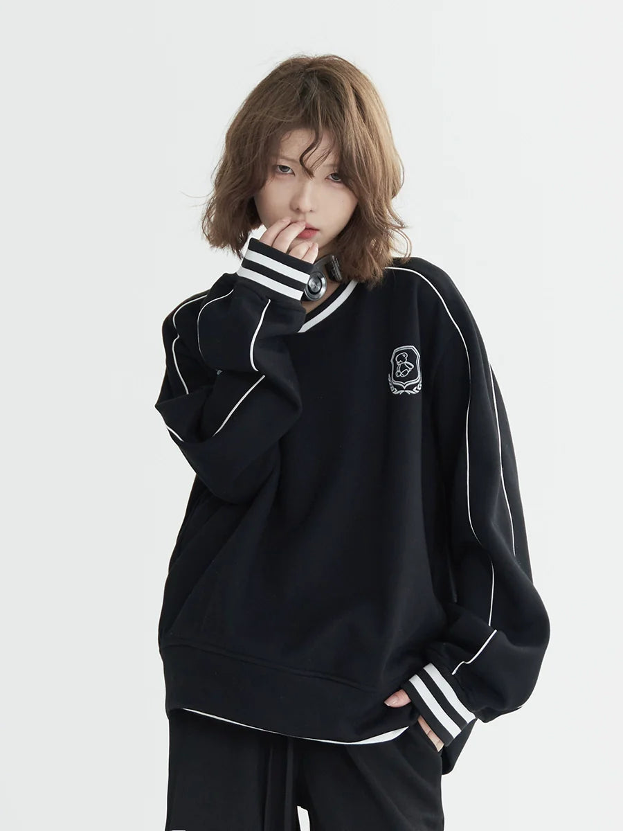 V-Ausschnitt Casual Top Beflockt Locker Sportlich