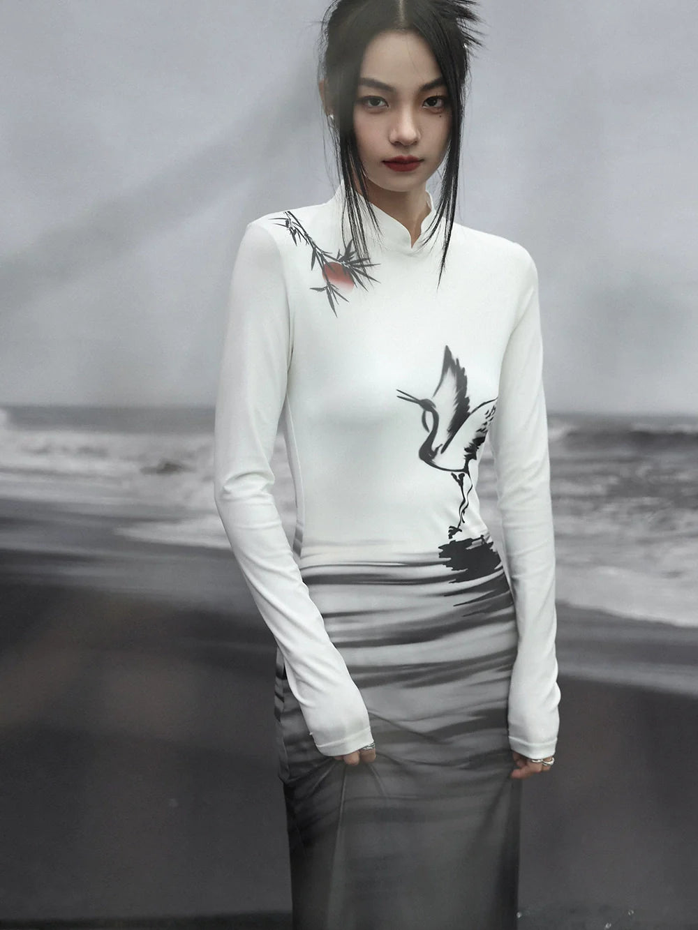 Long Dress Painting Knit Slim China Print Ink