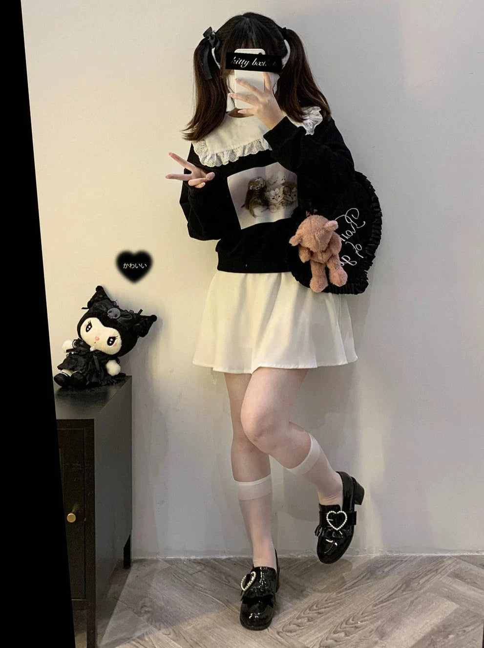 レーススクエアカラーキャットプリントトレーナー