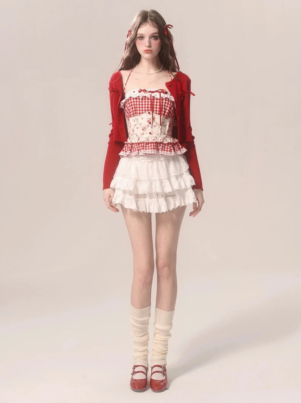 Strawberry Top Neck Cake Suspender Check Lace Halter