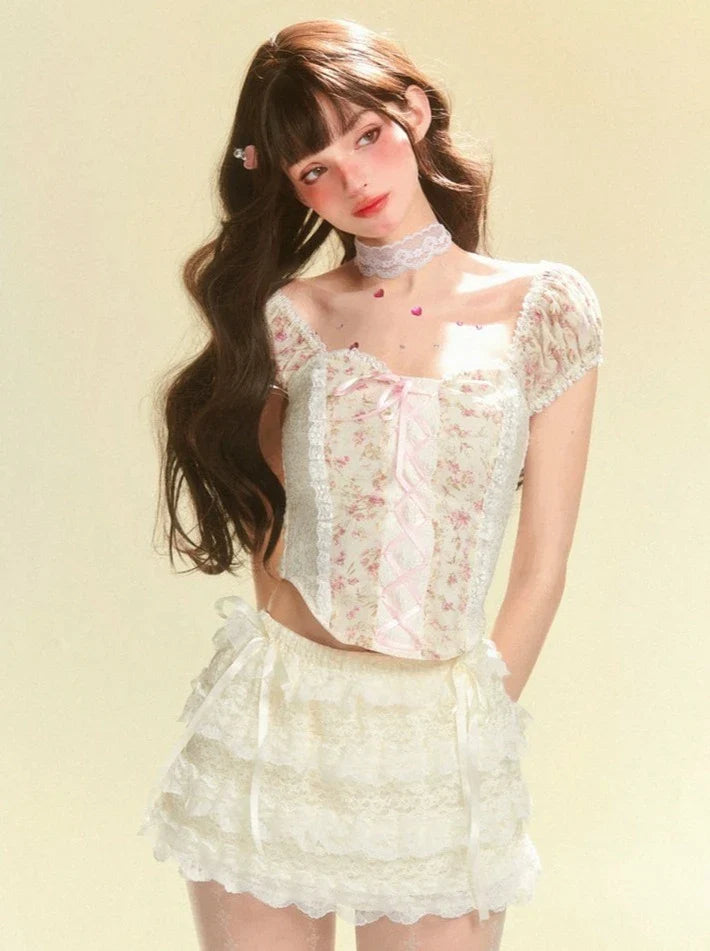 Open Neck Flower Lace-up Top