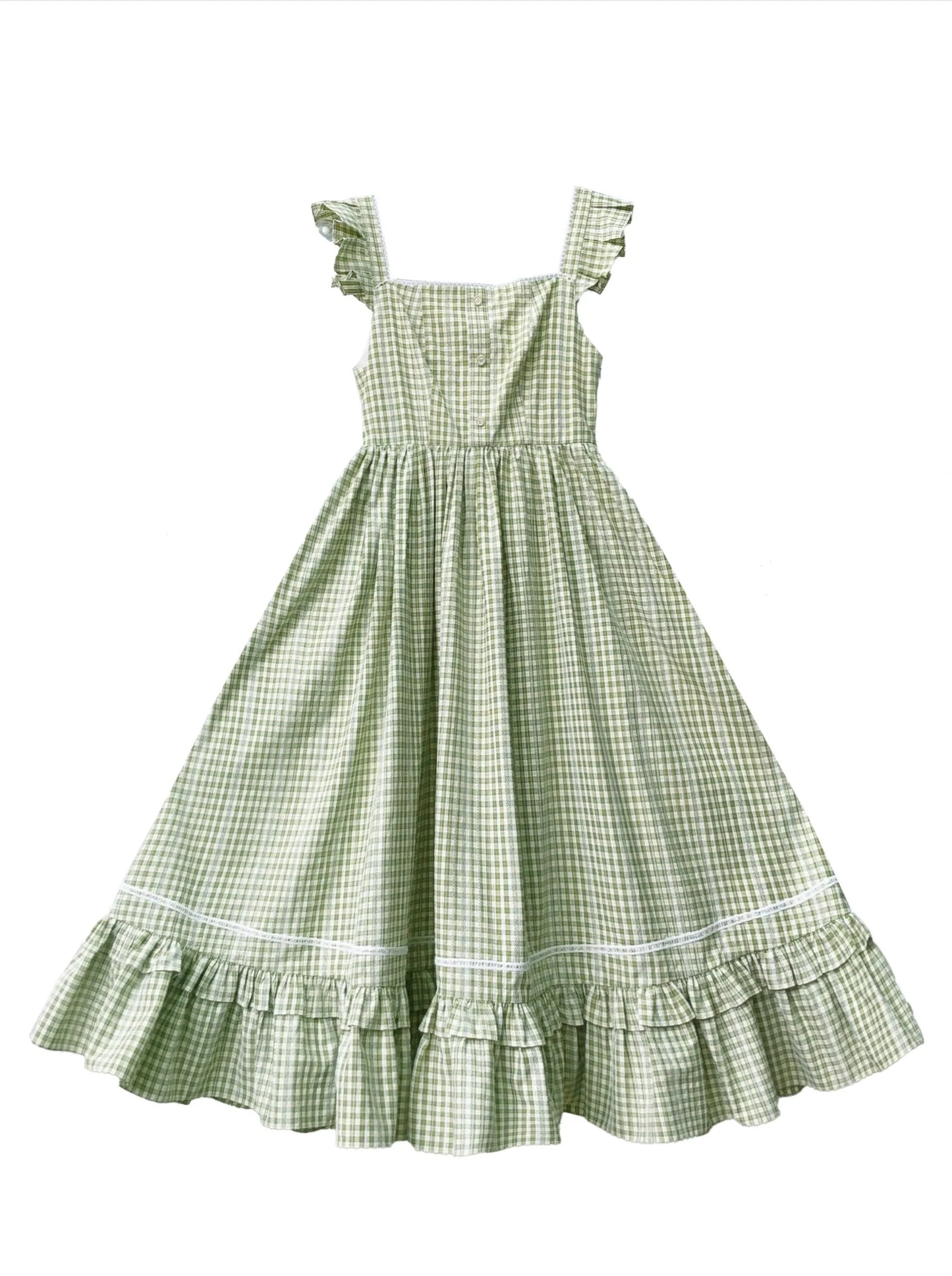 Ensemble robe verte + chemise à carreaux sur les épaules + col à volants, volants forestiers, ruban français