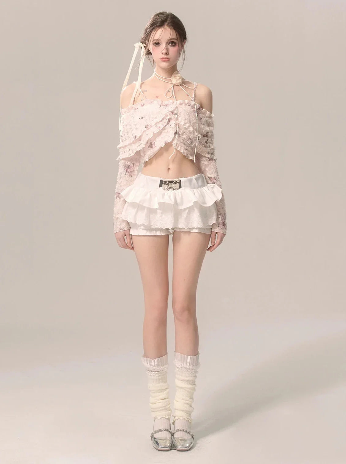 Fairy Ruffle Strap Chiffon Top Butterfly Off-the-shoulder Lace
