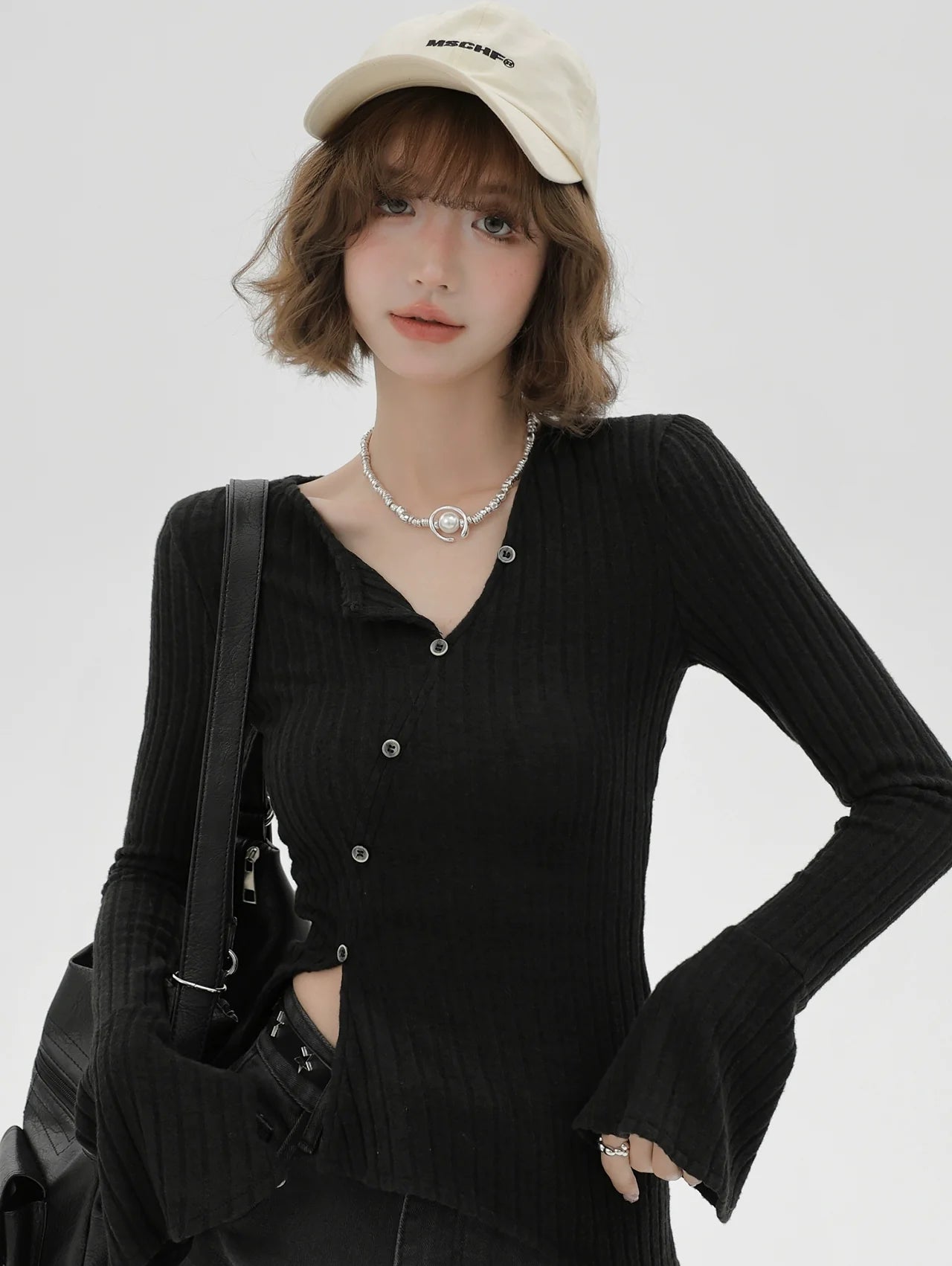 Vボタンウエストスリムシャツボトルネック斜め