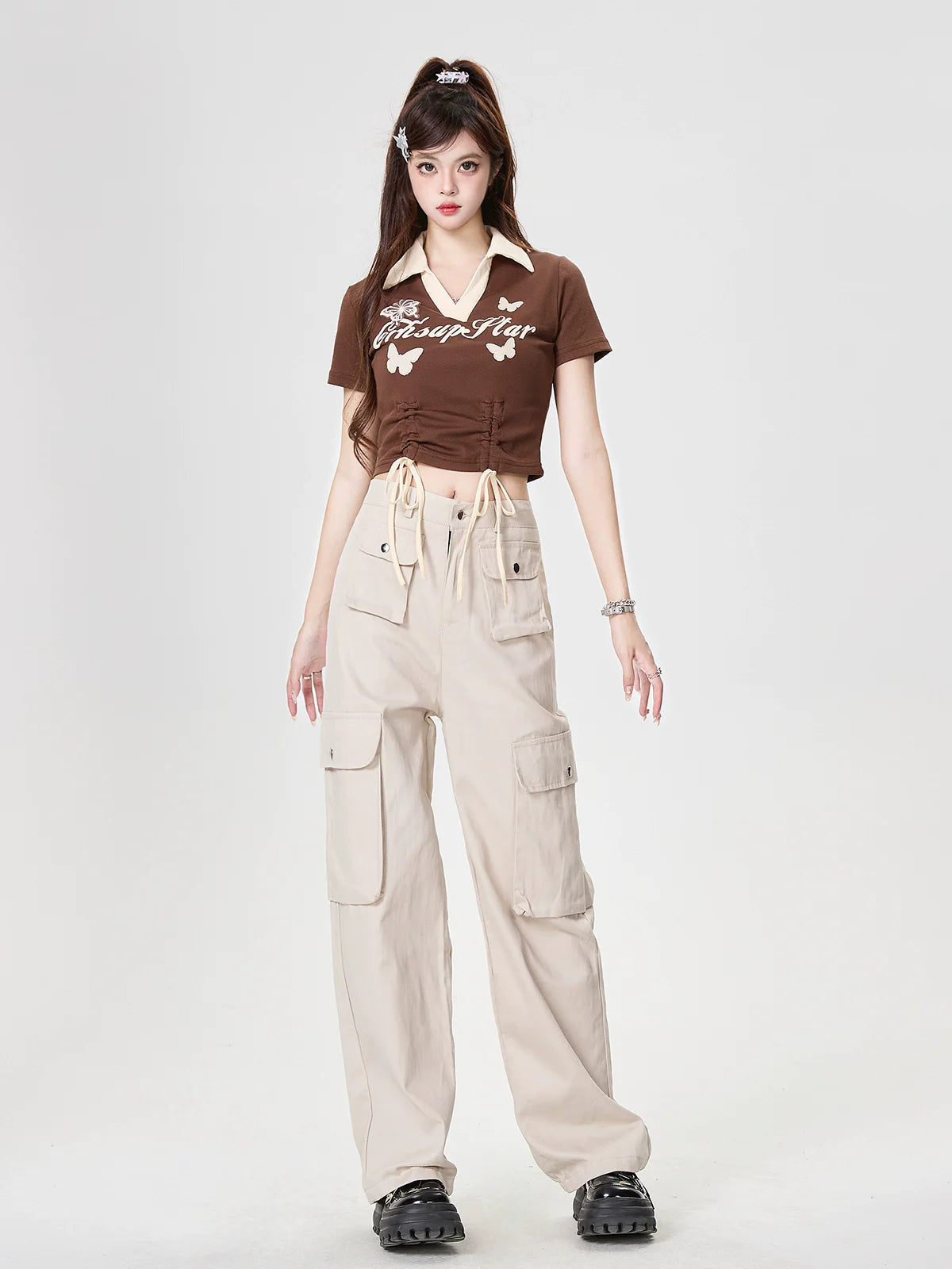 String Low Bow Polo Butterfly Kurzkragen Top V-Ausschnitt