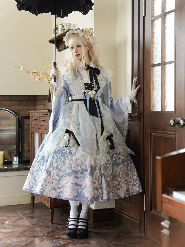 Süßes, bedrucktes Dienstmädchen-Alice-Kostümkleid im japanischen Stil