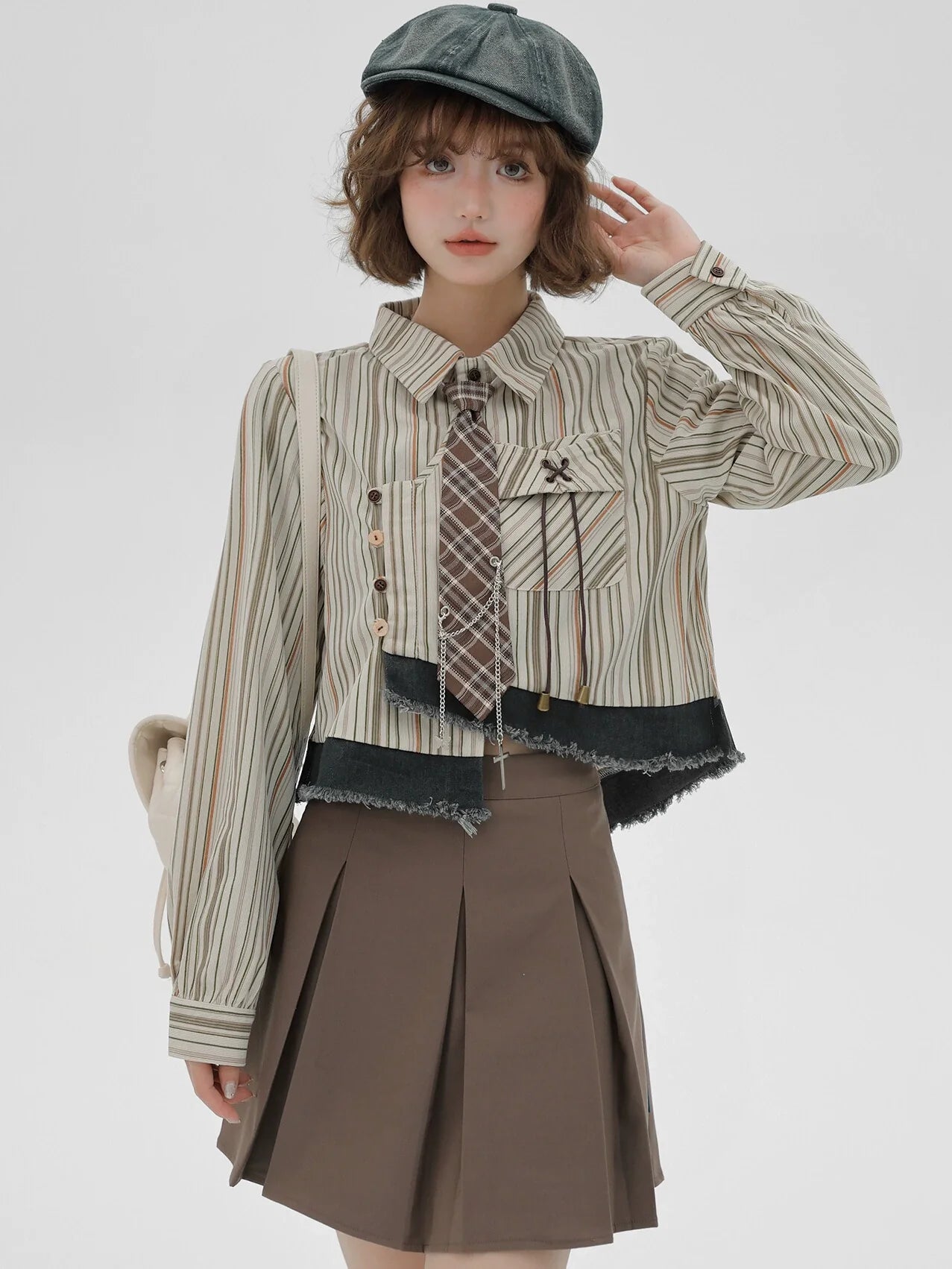 Stripe Shirt Tie Retro Splicing Check American Design Short