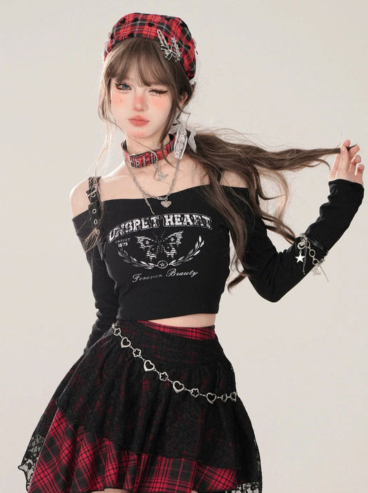 Kurzes T-Shirt Off-the-Shoulder Long Slim Schwarz Ärmel