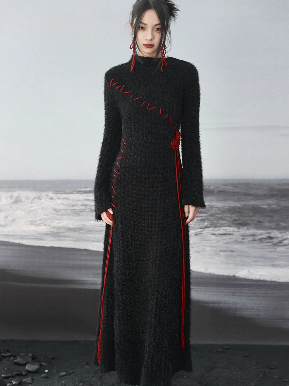 Contrast Dress Rose Irregular Red Knit Sleeve Dark Black Bell