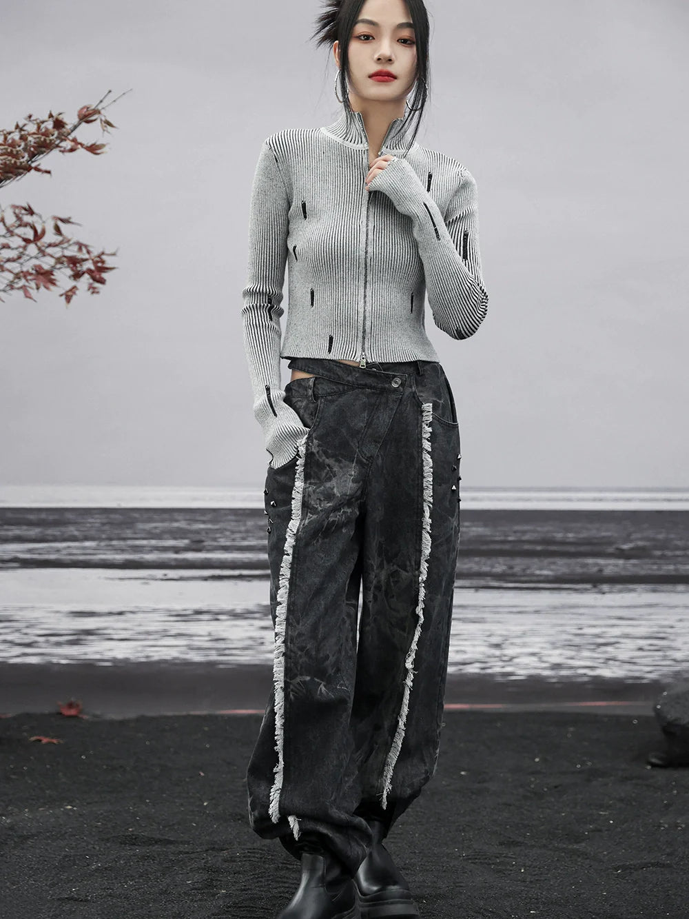 Dunkles Design Denim Lose Fransen Breite Cut-Taille