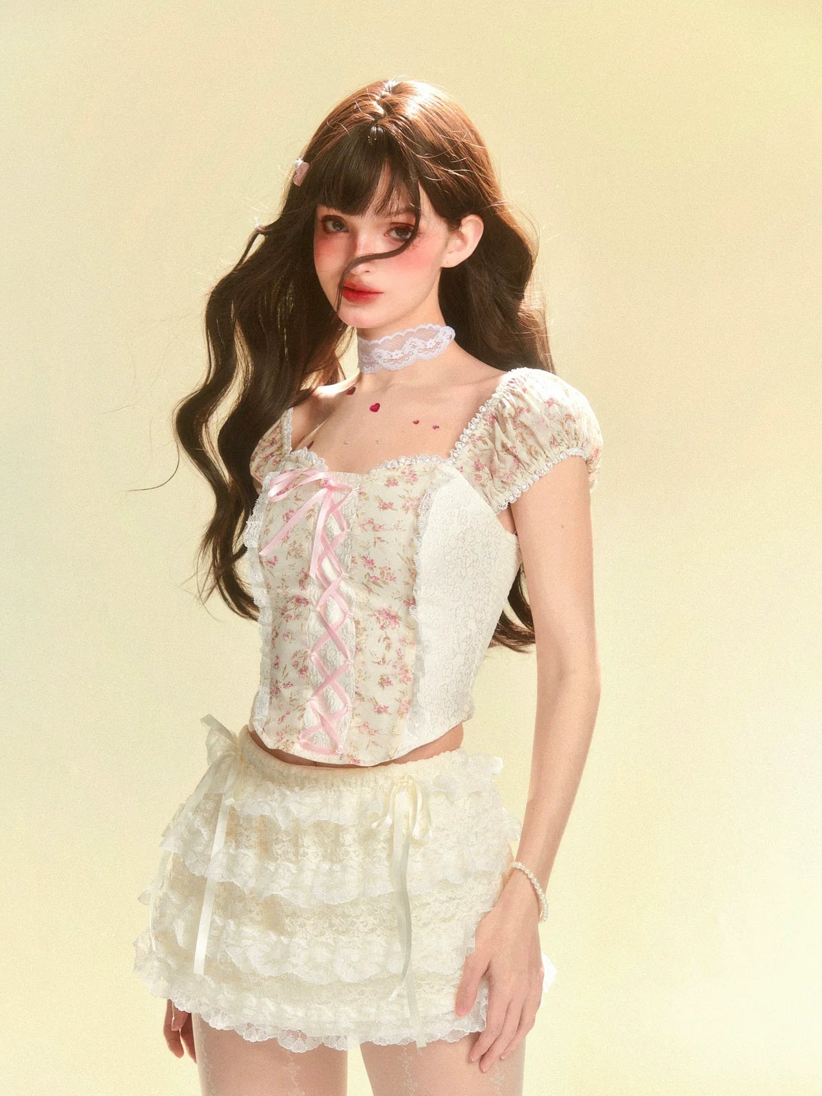 Open Neck Flower Lace-up Top