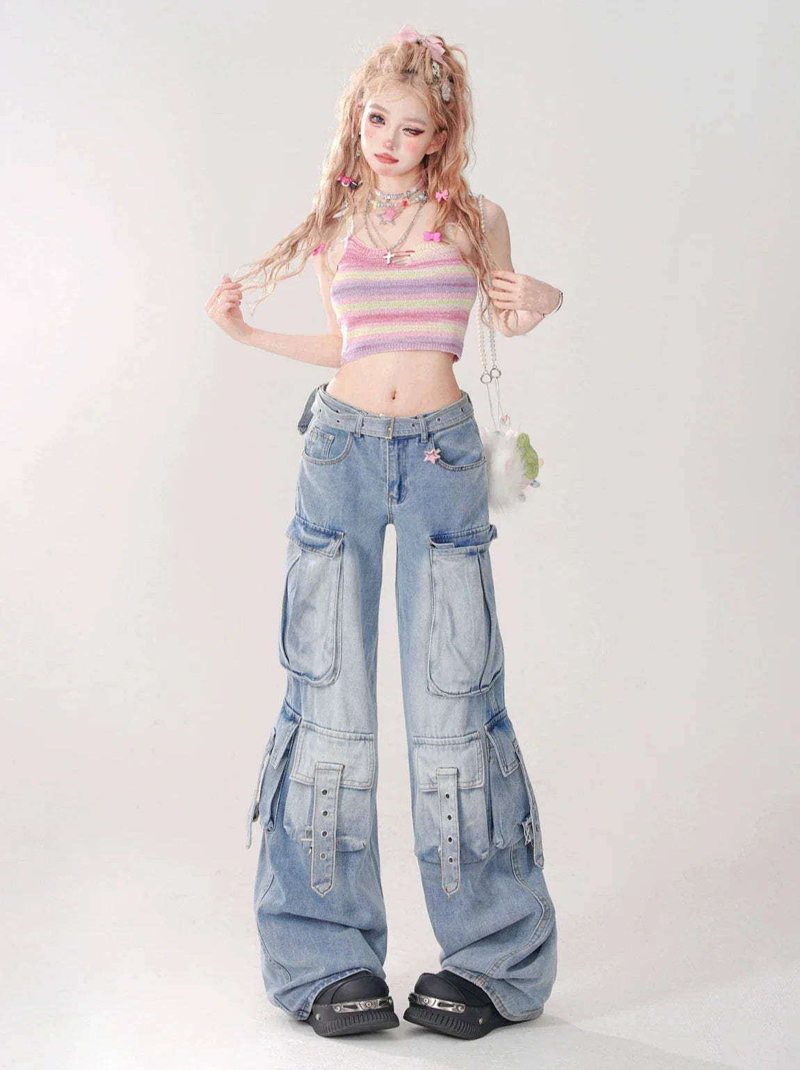 Top Girly Suspender Knit Short Cami Colorful