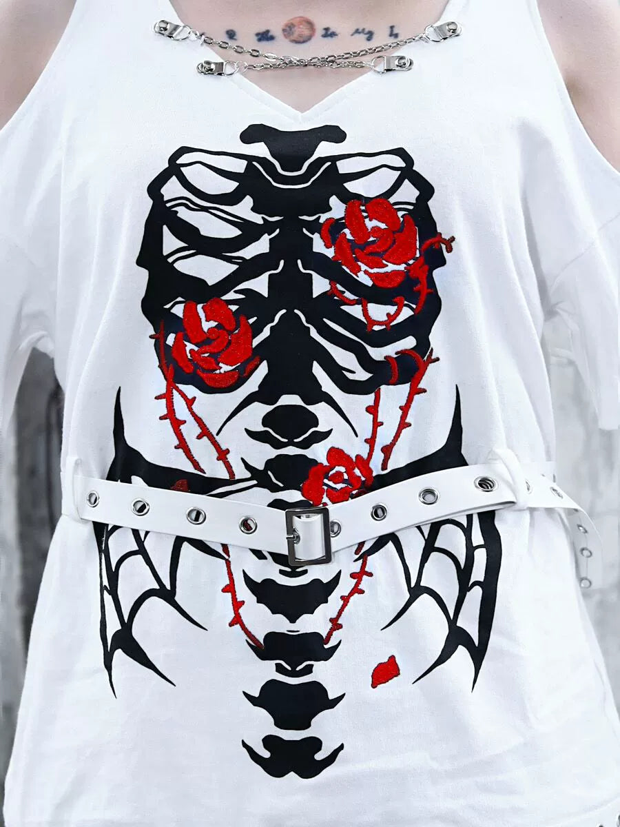 Dunkles Top Ärmel Kette Strick T-Shirt Riemen Split