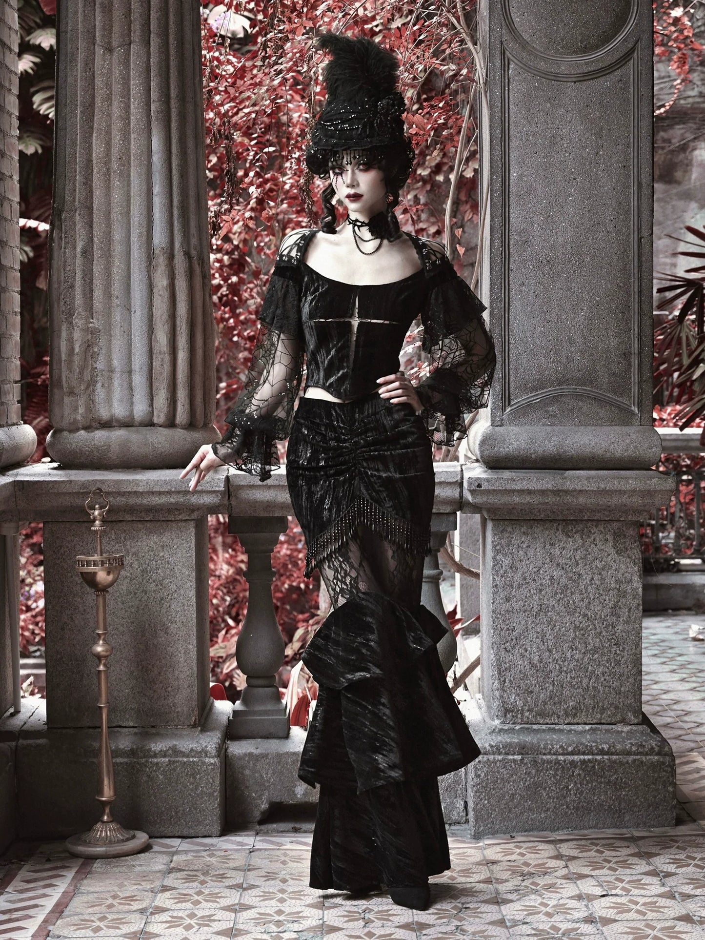 Spider Sleeve Gothic Lantern Top Velvet Lace Cross