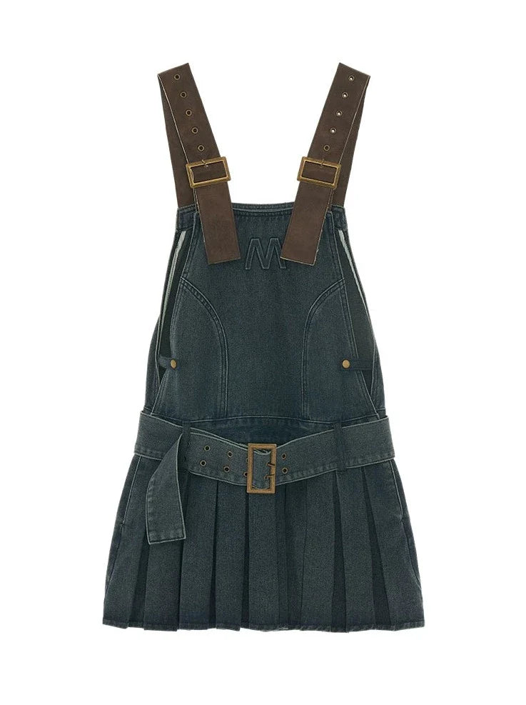 Leather Belted Logo Pleated Denim Suspender Skirt