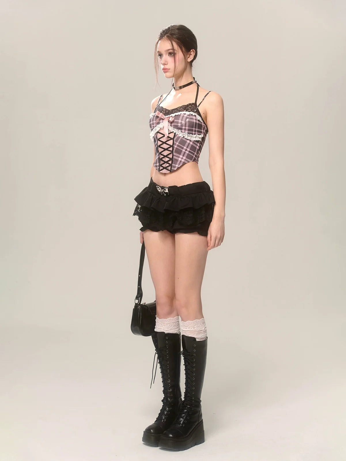 Spicy French Halter Strap Top Lace Cami Check Sweet