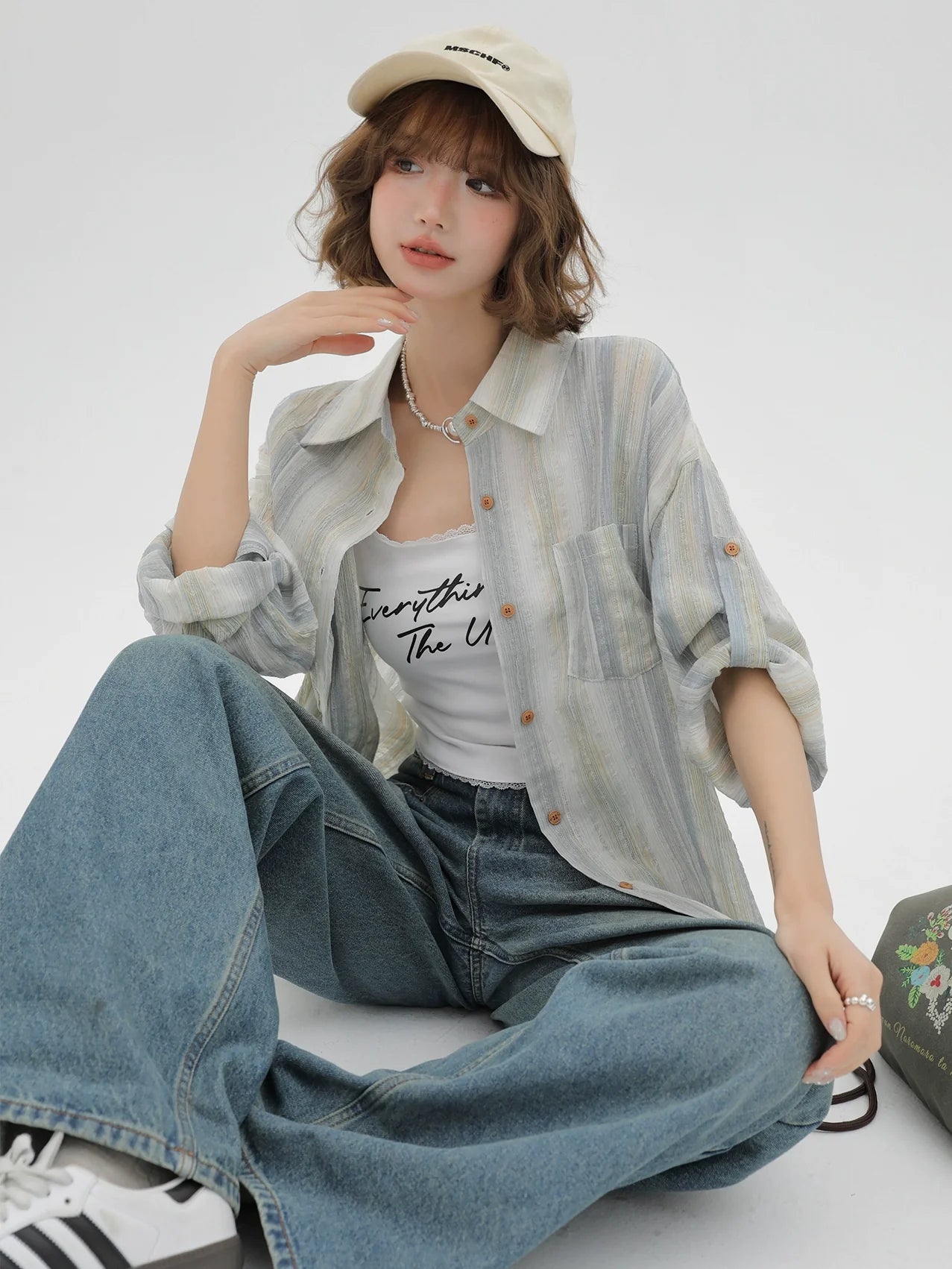 Striped Collar Shirt Loose Contrast