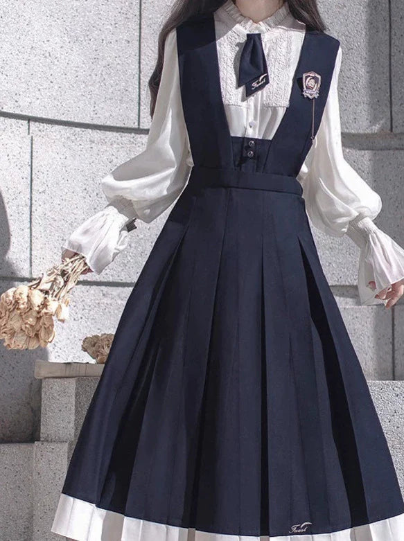 Dress Emblem + Tie + Blouse + Ruffle Retro College Beret Cyan Style Elegant Chiffon