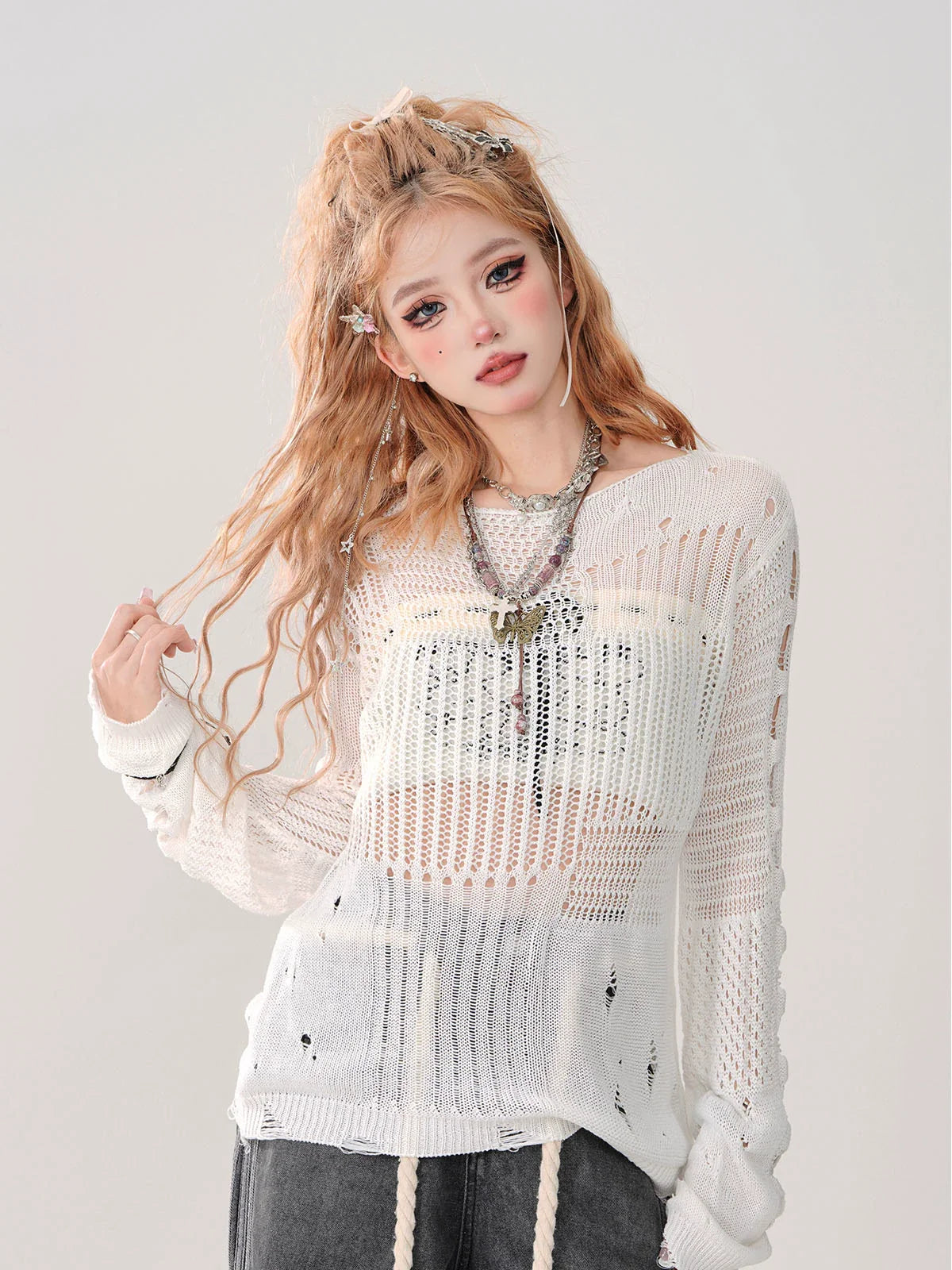 Summer Knit + Tube Top Openwork Sheer Ripped