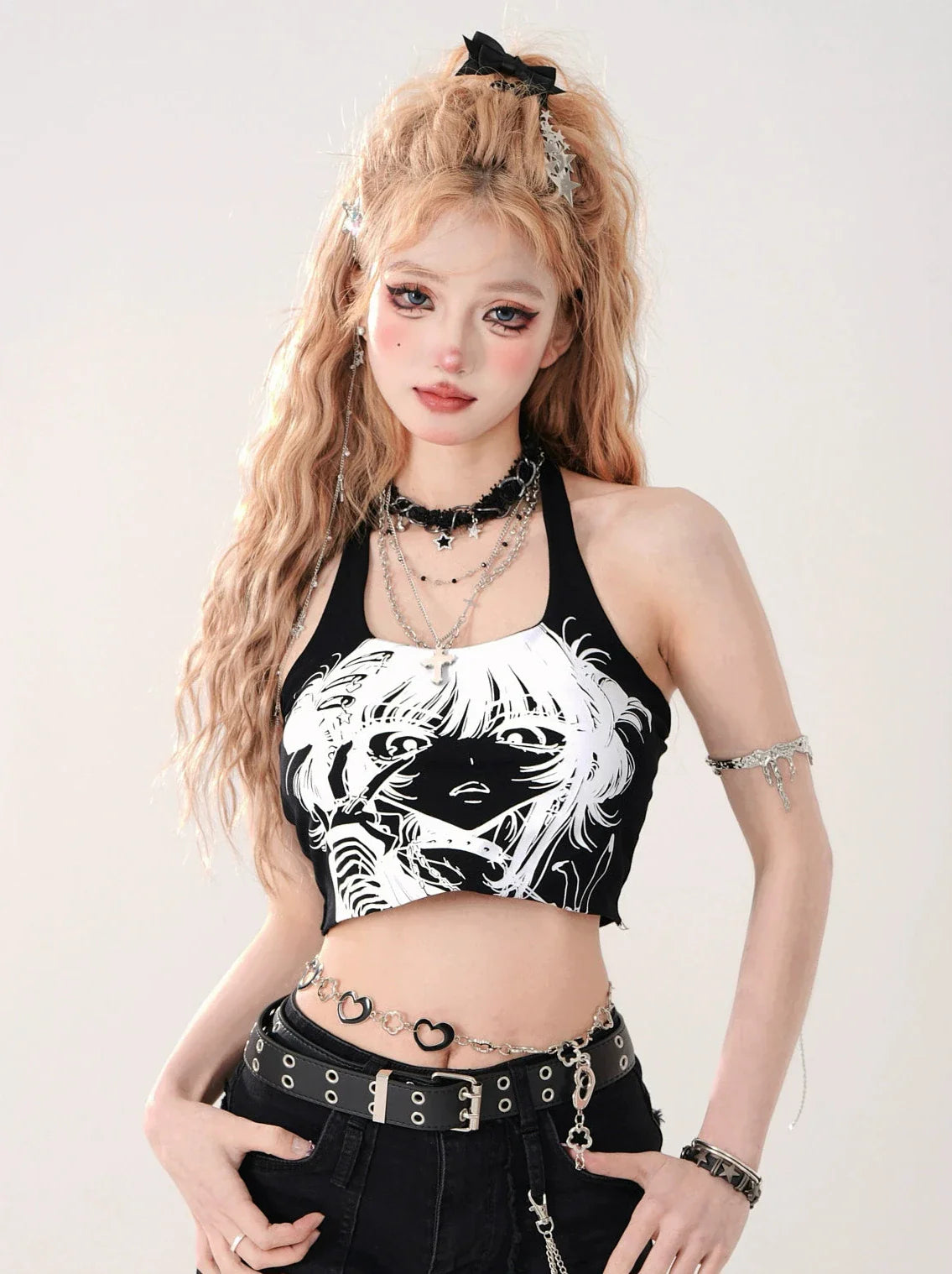 Short Neck Halter Top Girl's Strap Print