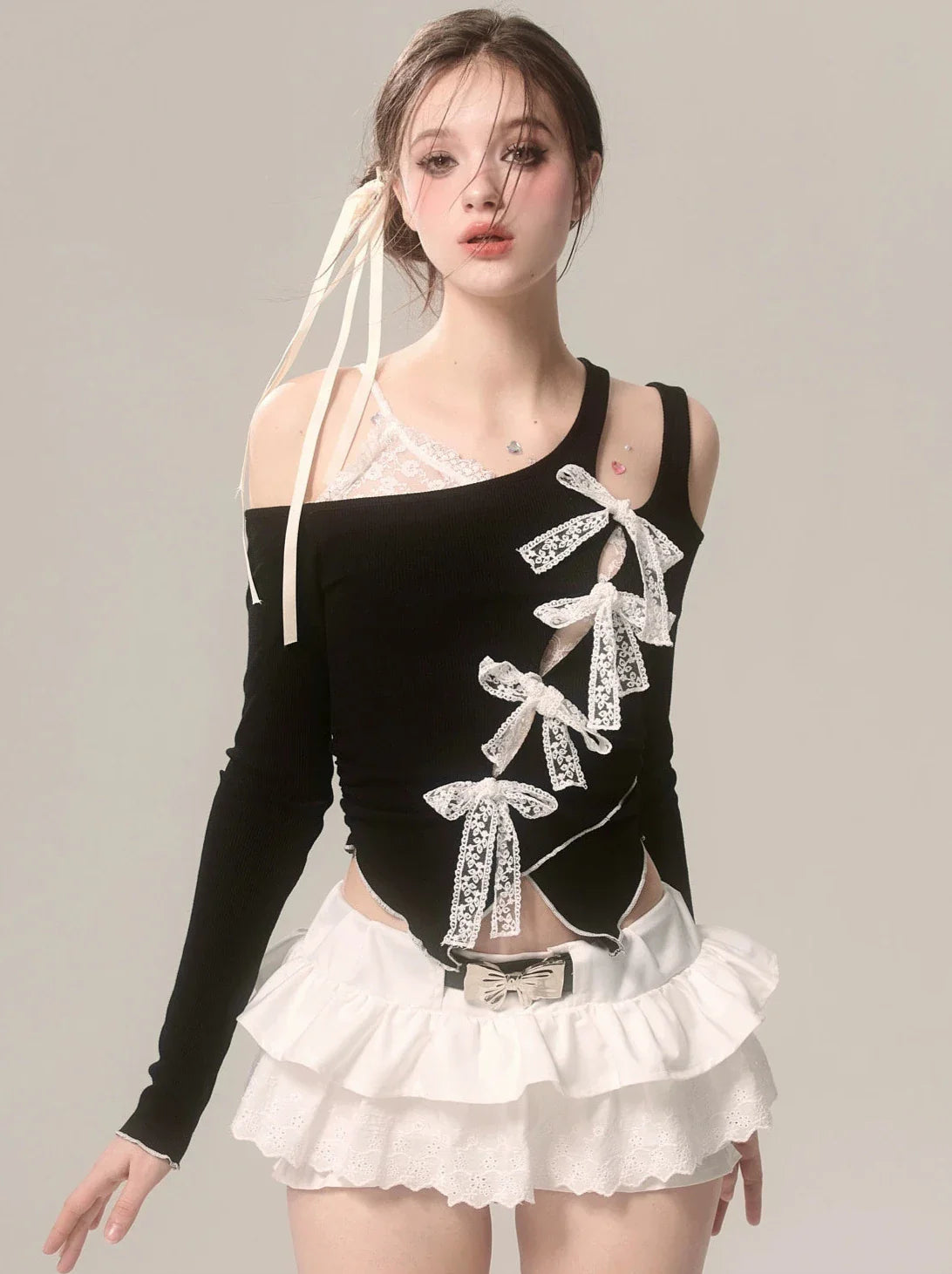 Asymmetrical Top Off-Shoulder Faux Ribbon Lace Black Two Piece