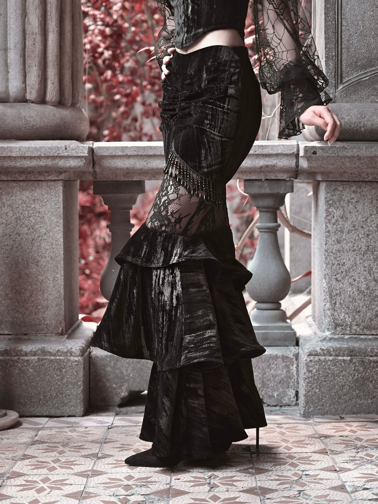 Mermaid Dutchess Gothic Hugging Hip Sheer Velvet Lace Skirt